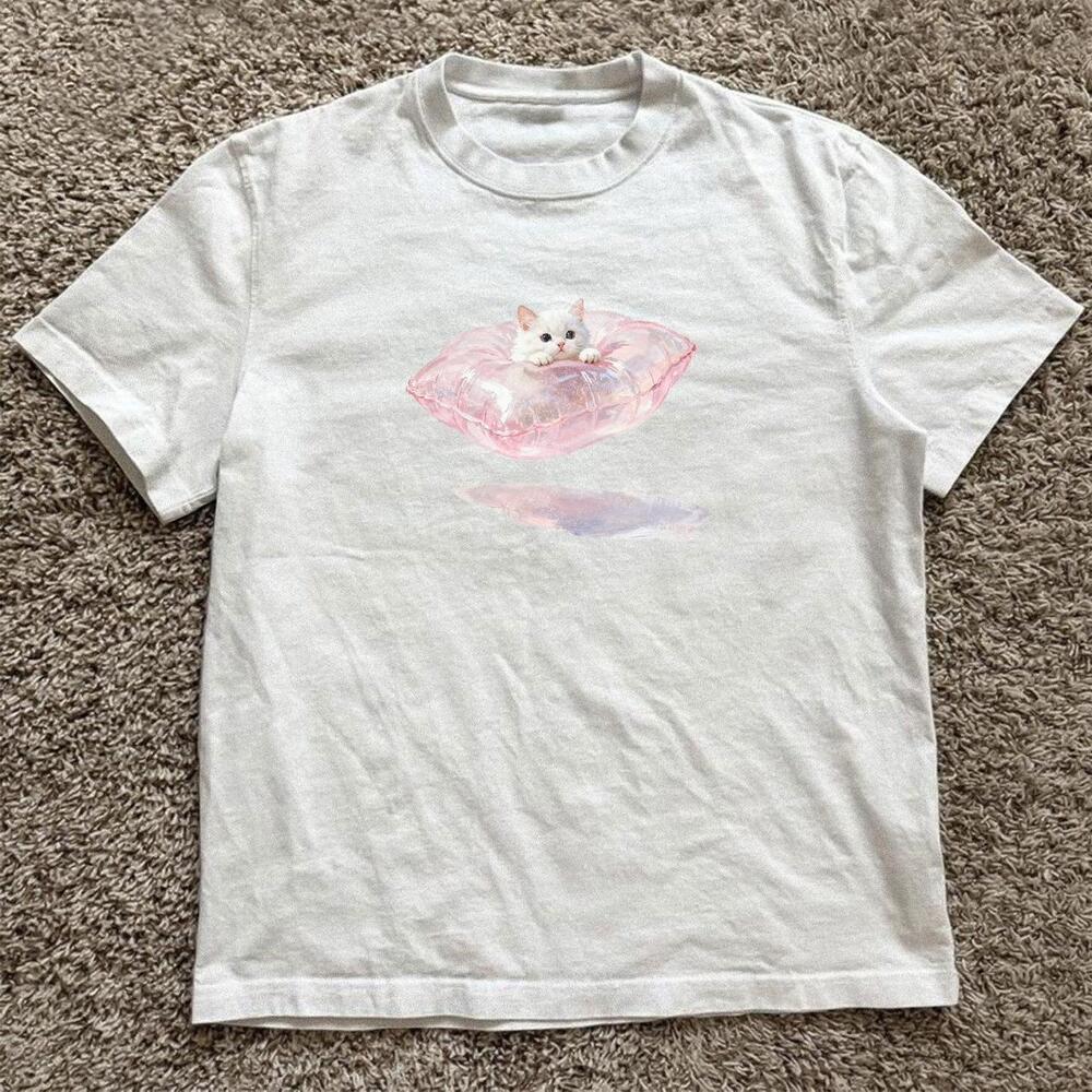 White Cute Cat On Floaty Tee